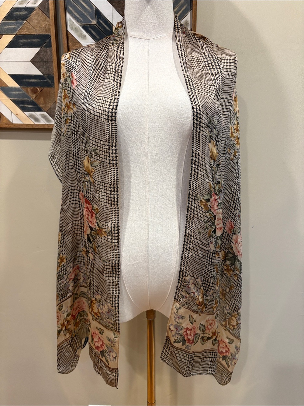 Vintage Ralph Lauren Houndstooth Glen Plaid Floral Long Silk Scarf Shawl - Picture 3 of 13